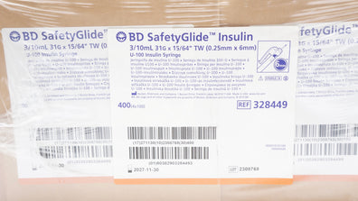 BD 328449 SafetyGlide U-100 Insulin Syringe 3/10ml 31G x 15/64in TW - Box of 400